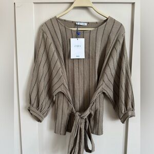 Zara NWT Taupe Striped Blouse Size Medium